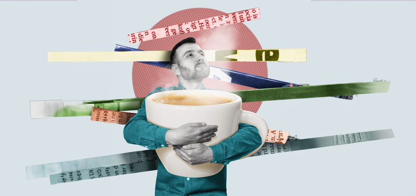 an abstract collage of a man holding an oversized coffee cup while bits of data gather behind him