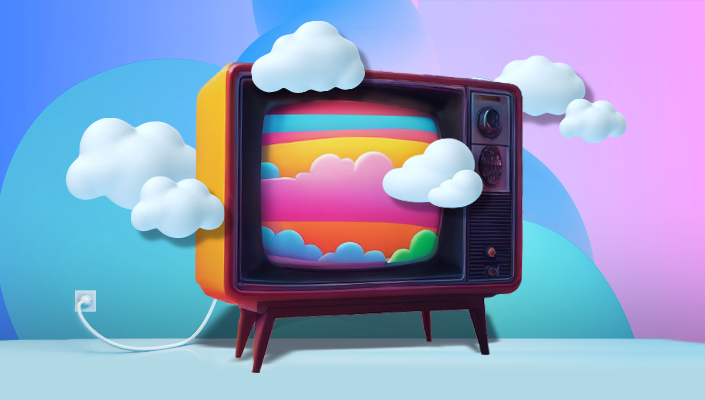 a retro future tv plugged into the wall, surrounded by clouds, there is a colorful landscape on the screen