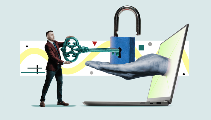 abstract collage of a man putting a key into a locked computer