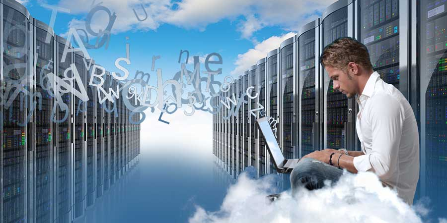 Server room in the clouds, with a sitting man using a laptop.